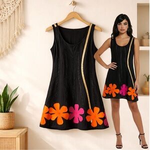 PARADYZ COUTURE Brazil black sleeveless satin floral hem flowy midi dress medium